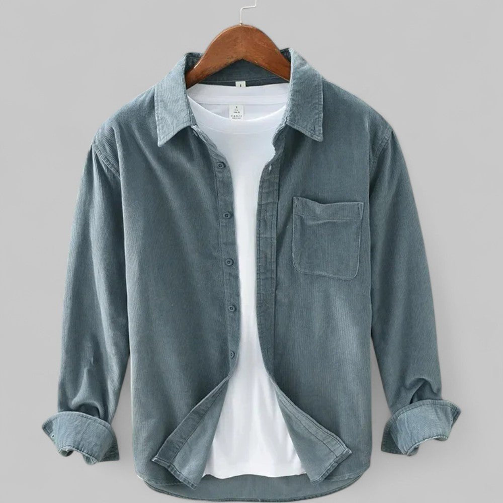 Cordhemd Herren mit Brusttasche und gerundetem Saum - Blau #Farbe_Blau