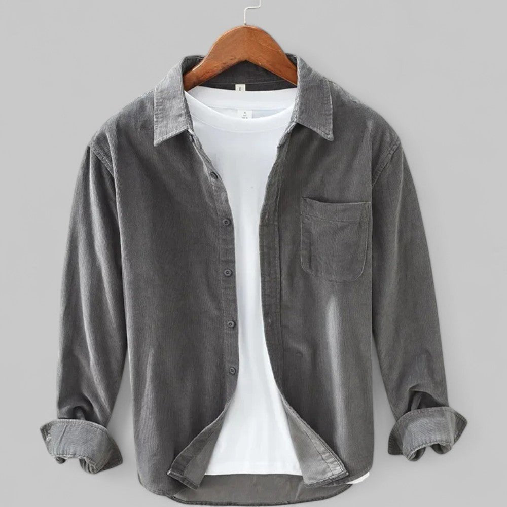 Cordhemd Herren mit Brusttasche und gerundetem Saum - Grau #Farbe_Grau