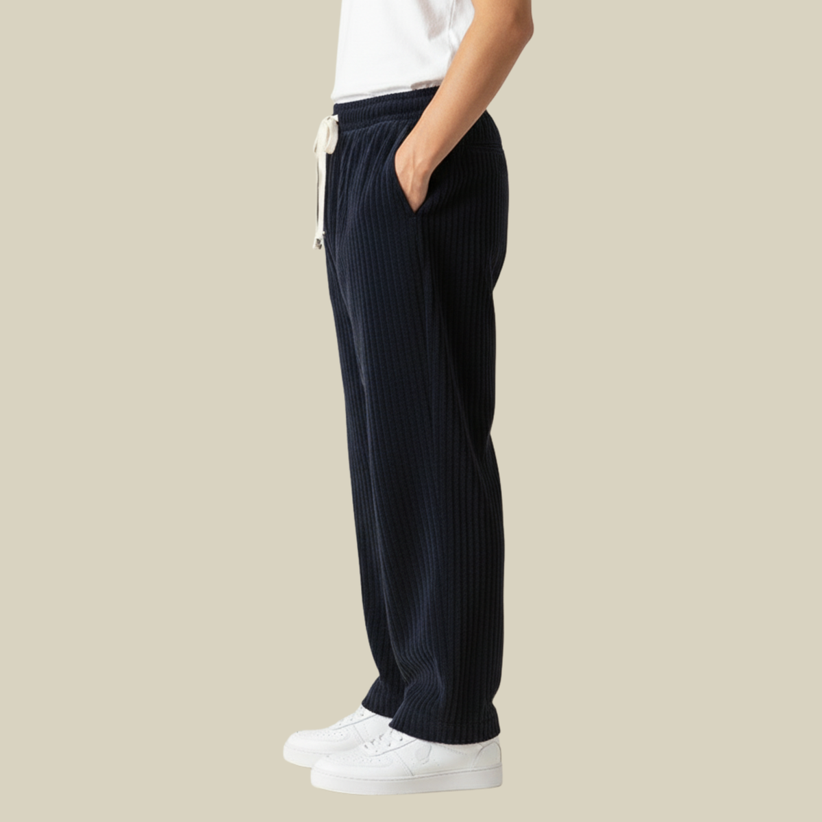 Cordhose Herren mit breiten Rippen und langem Kordelzug - Marineblau #Farbe_Marineblau