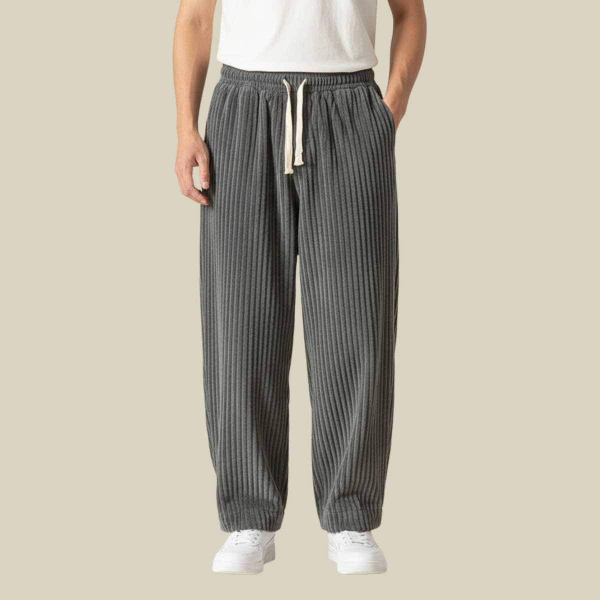 Cordhose Herren mit breiten Rippen und langem Kordelzug - Grau #Farbe_Grau