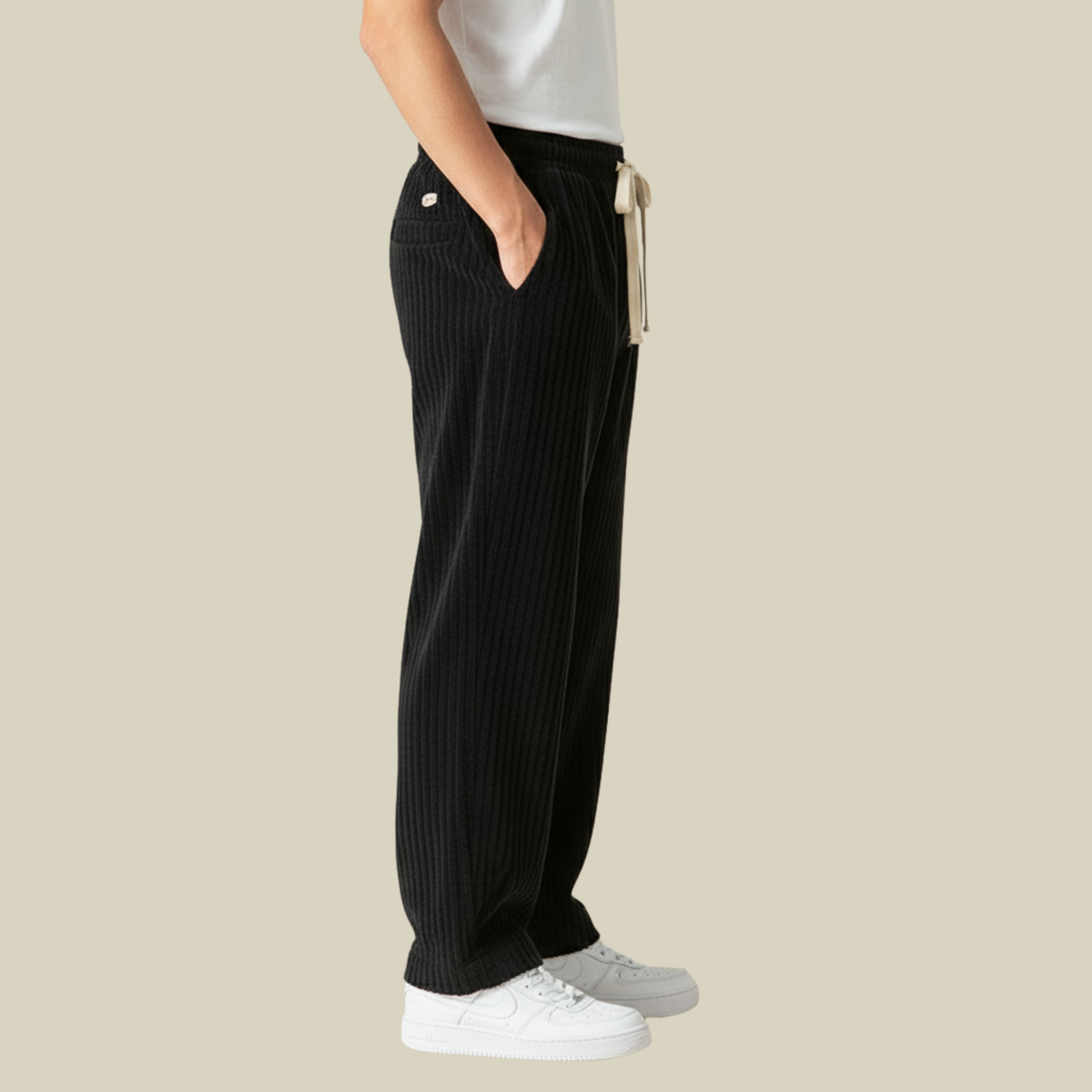 Cordhose Herren mit breiten Rippen und langem Kordelzug - Schwarz #Farbe_Schwarz