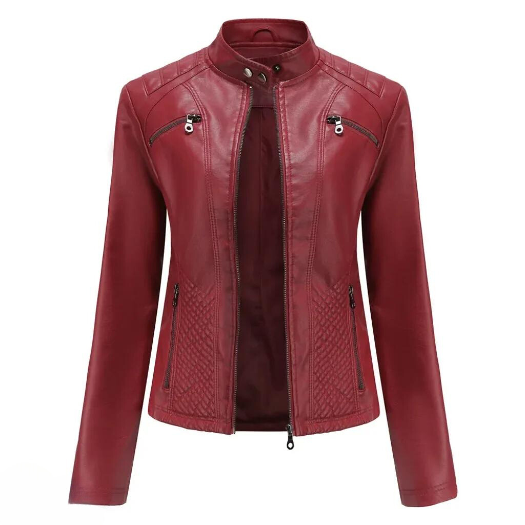 Damen Bikerjacke in Kunstlederoptik mit Stehkragen - Wein Rot