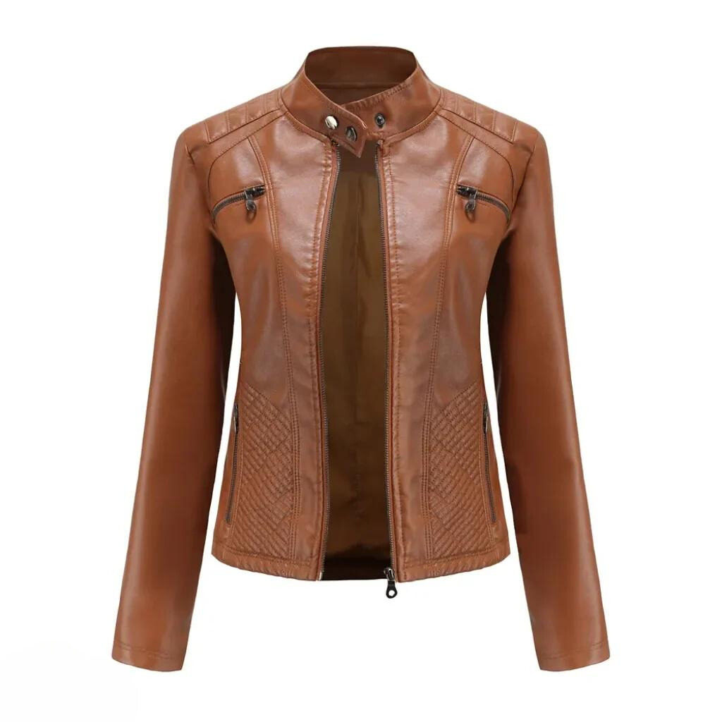 Damen Bikerjacke in Kunstlederoptik mit Stehkragen - Braun