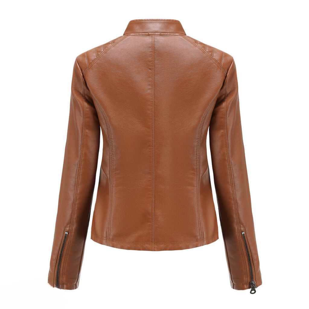 Damen Bikerjacke in Kunstlederoptik mit Stehkragen