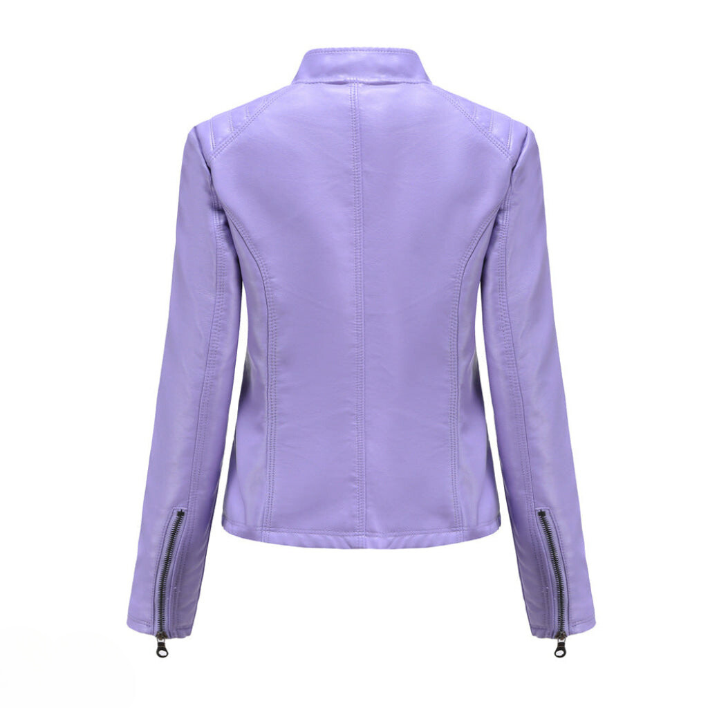 Damen Bikerjacke in Kunstlederoptik mit Stehkragen