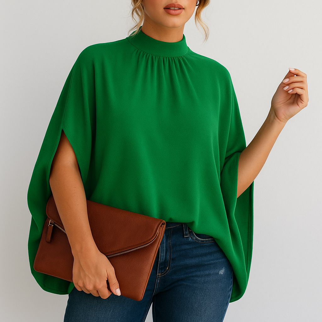 Damen Bluse mit Linienmuster und Stehkragen locker - Grün