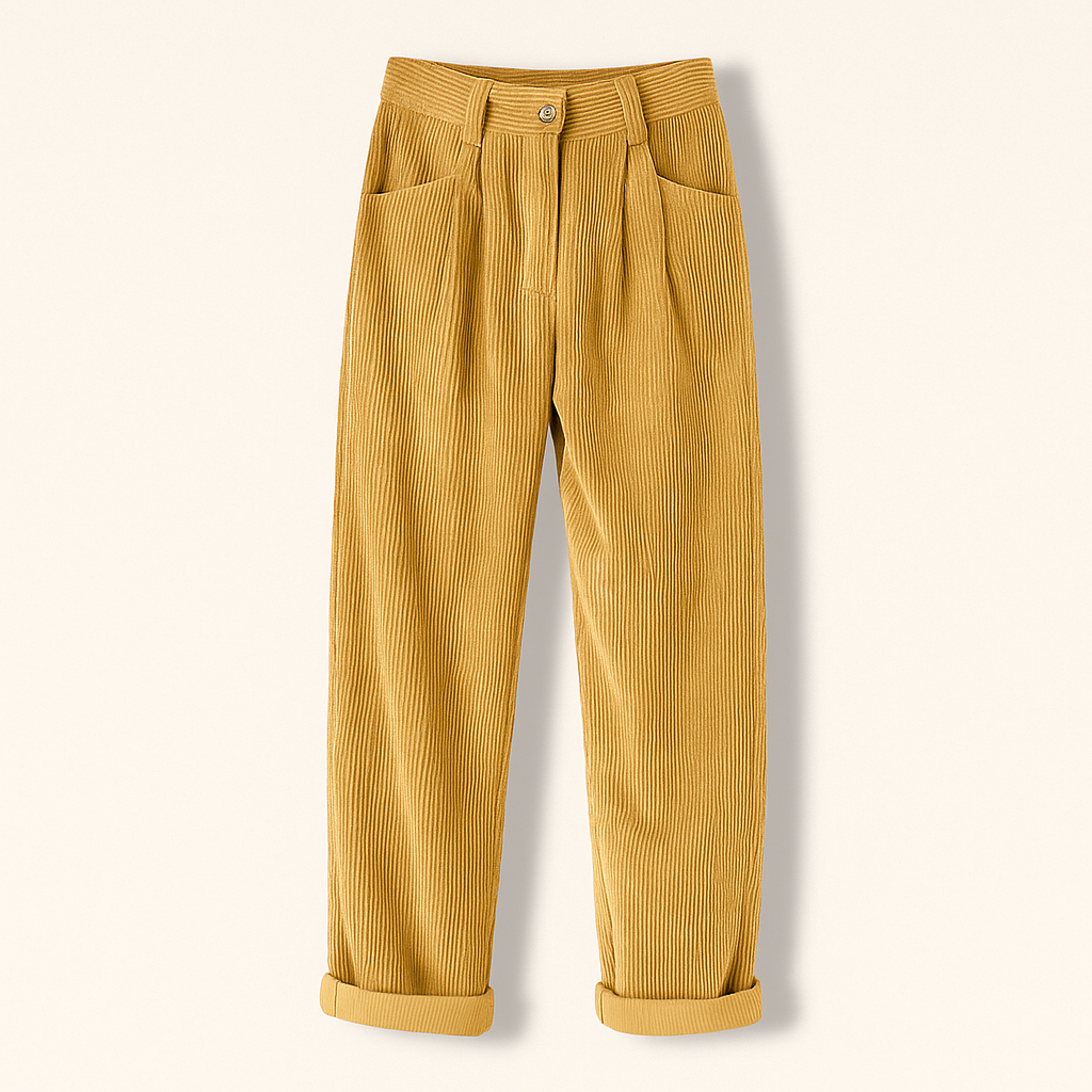 Damen Cordhose in Karottenform mit Bundfalten und Umschlag - Gelb