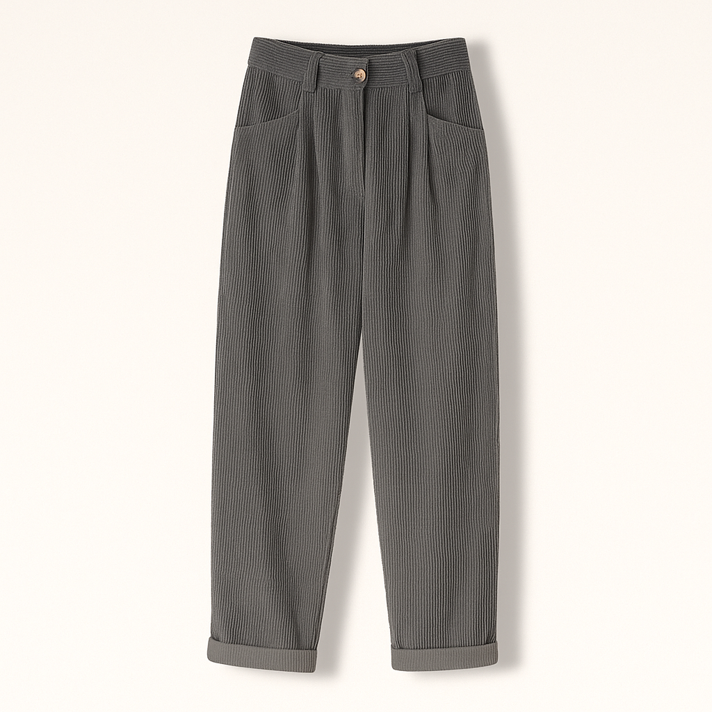 Damen Cordhose in Karottenform mit Bundfalten und Umschlag - Grau