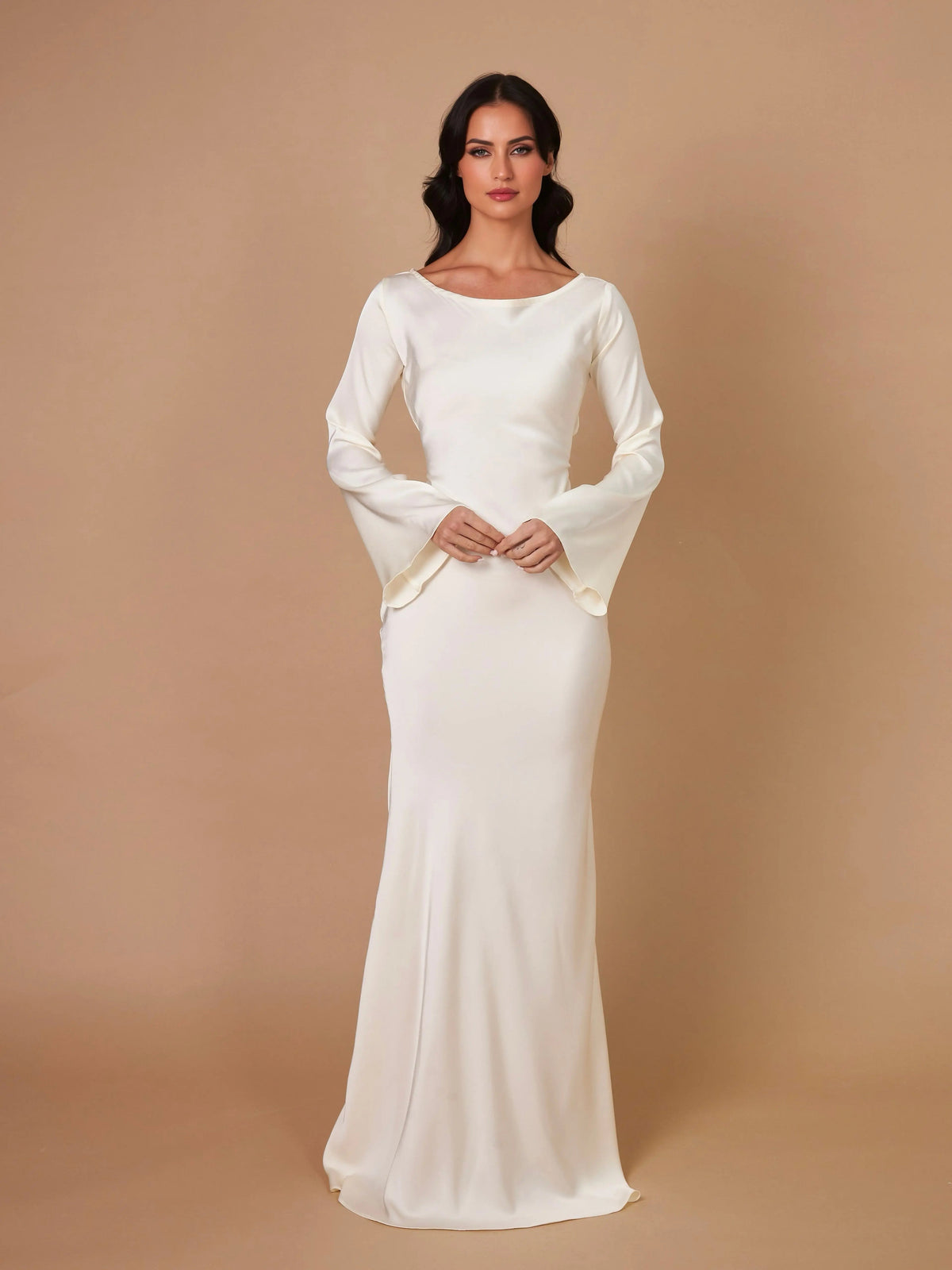 Damen Maxikleid mit Wasserfallausschnitt und langen Ärmeln