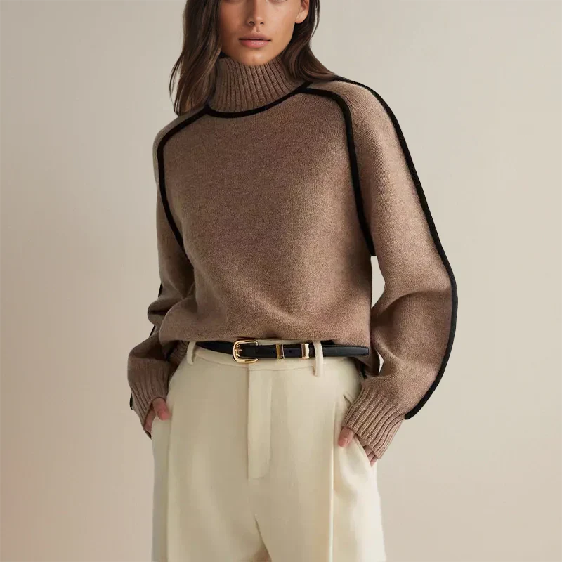 Damen Oversize Pullover mit Rollkragen und tiefer Schulter - Braun