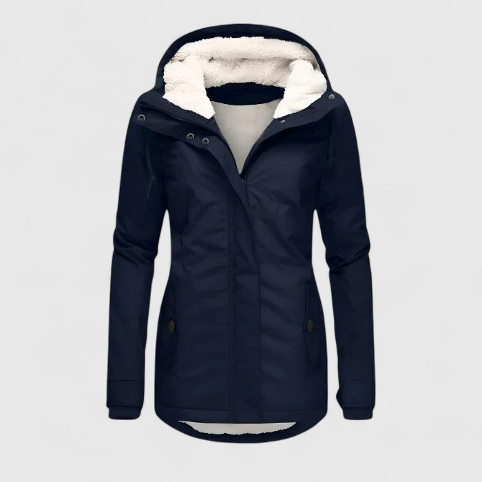 Damen Parka lang mit Kapuze und sichtbarem Fleecefutter - Dunkelblau