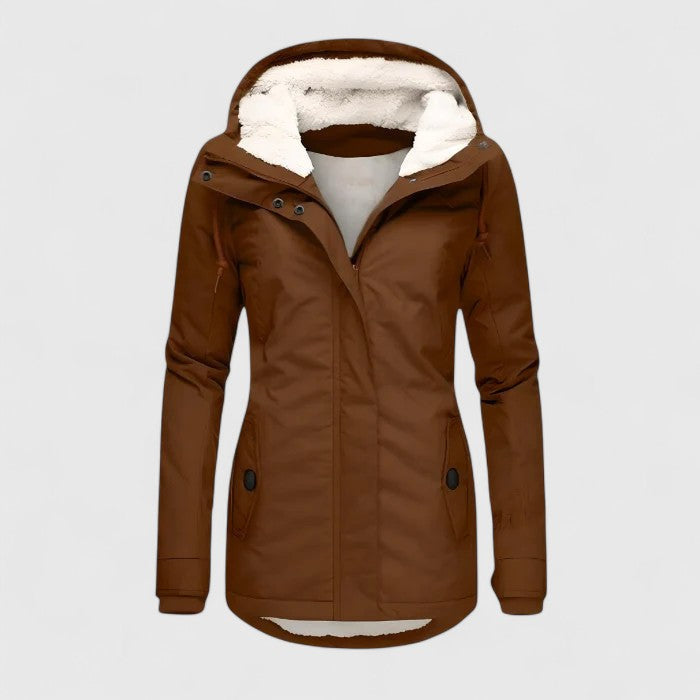 Damen Parka lang mit Kapuze und sichtbarem Fleecefutter - Khaki