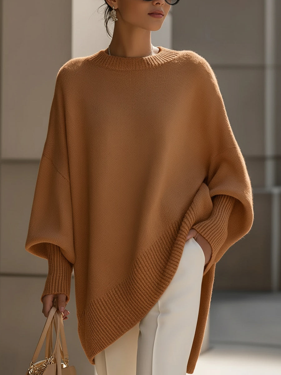 Damen Poncho Pullover mit asymmetrischem Saum und Rundhals - Karamell
