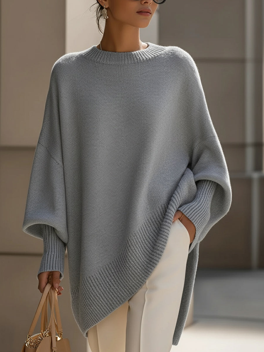 Damen Poncho Pullover mit asymmetrischem Saum und Rundhals - Grau