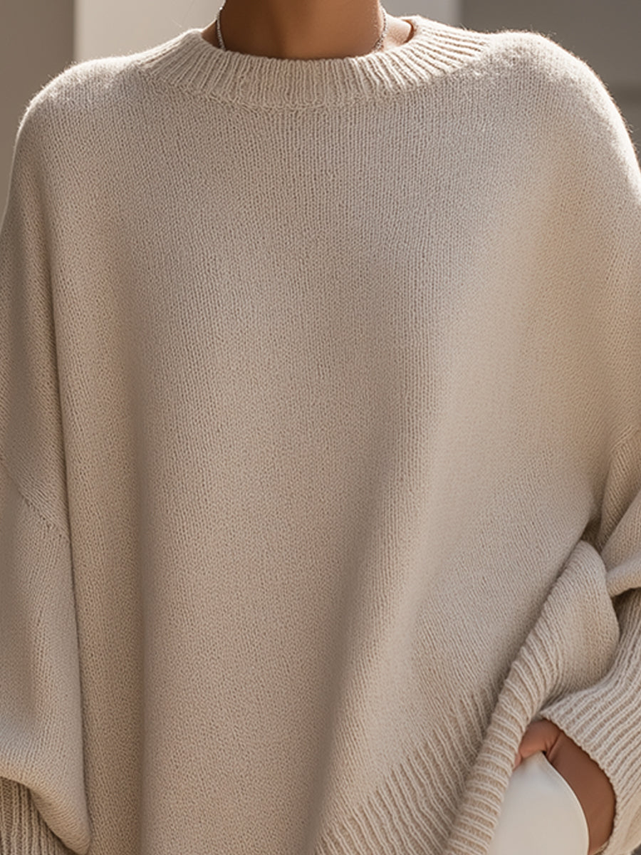 Damen Poncho Pullover mit asymmetrischem Saum und Rundhals