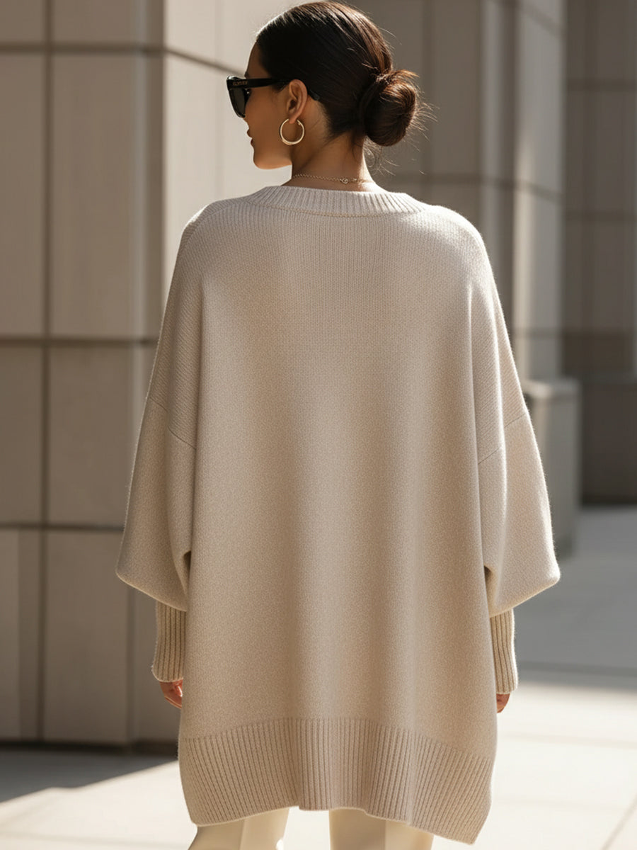 Damen Poncho Pullover mit asymmetrischem Saum und Rundhals