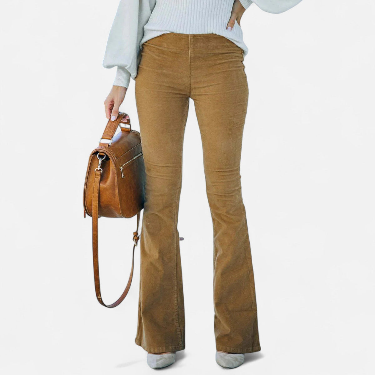 Damen Schlaghose in Cordoptik mit hohem Bund und engem Sitz - Khaki