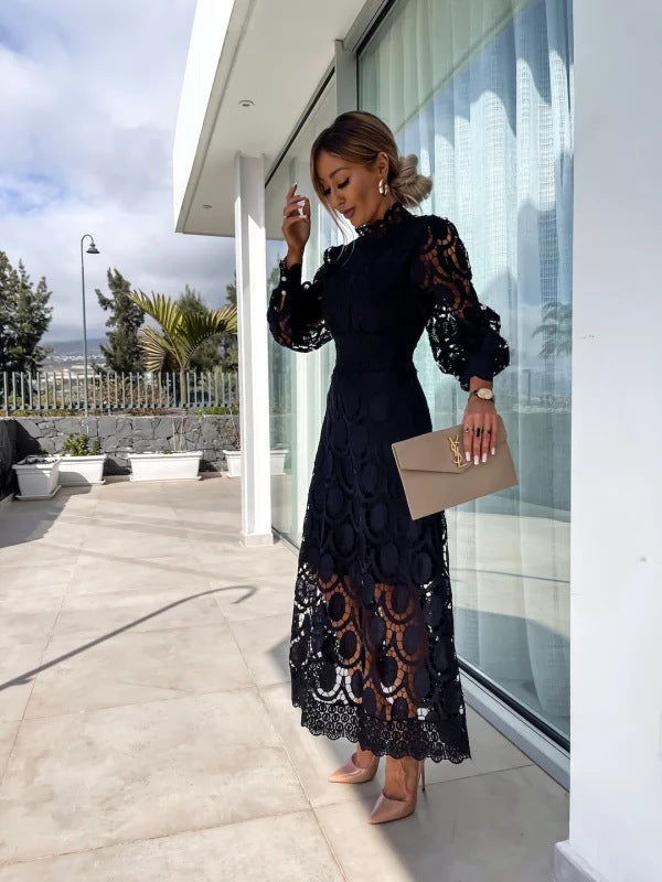 Damen Spitzenkleid midi mit langen Ärmeln und Rundhals