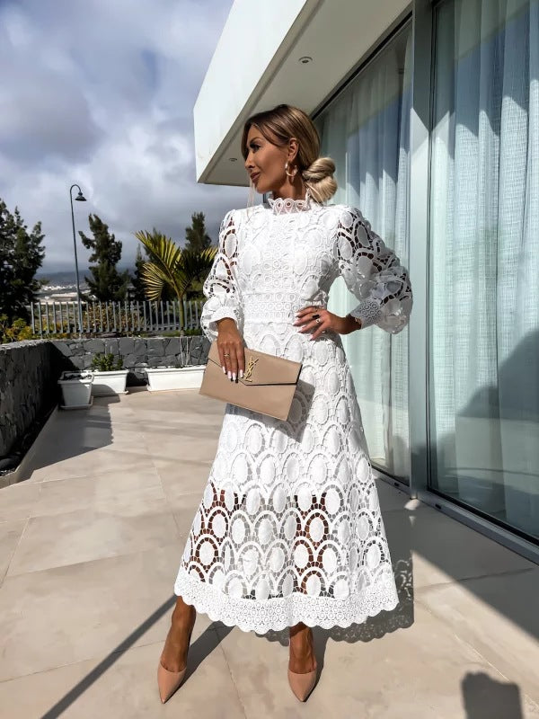 Damen Spitzenkleid midi mit langen Ärmeln und Rundhals - Weiss