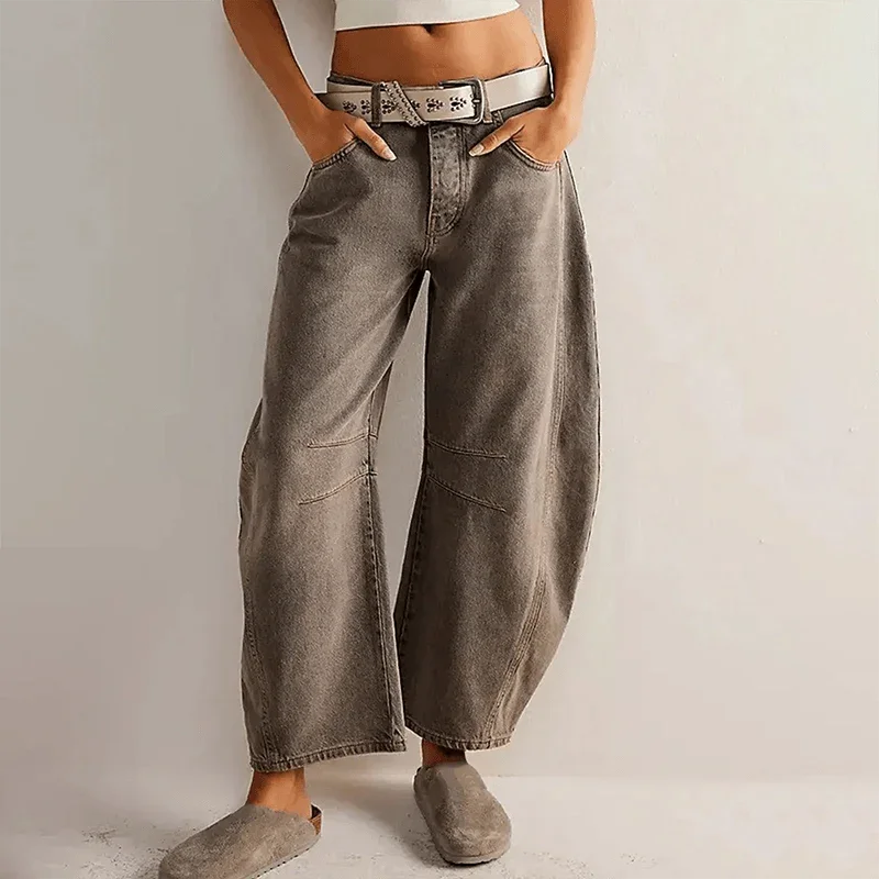 Damen Weite Jeans im Barrel Schnitt mit hohem Bund - Grau