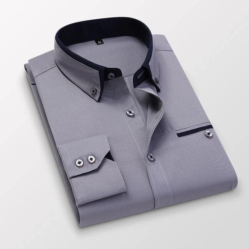 Herrenhemd mit Kontrastkragen und eingefasster Brusttasche - Grau #Farbe_Grau