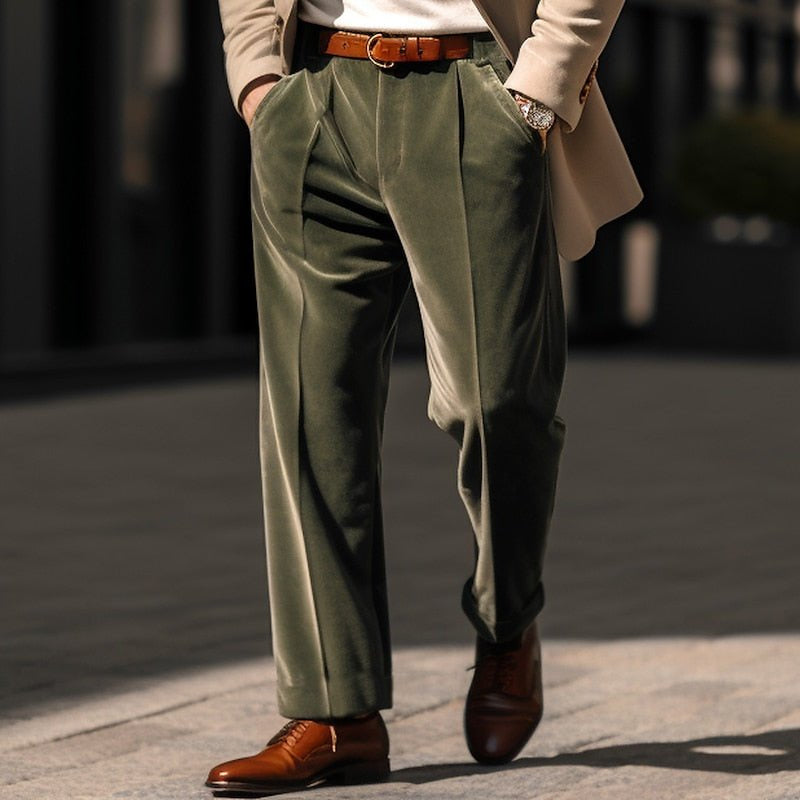 Hose Herren mit feiner Struktur und eingefassten Rücktaschen - Oliv #Farbe_Oliv