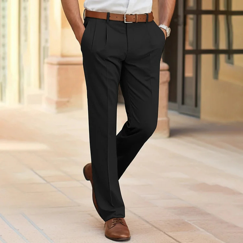 Hose Herren mit geradem Bein und schmalen Bundfalten - Schwarz #Farbe_Schwarz