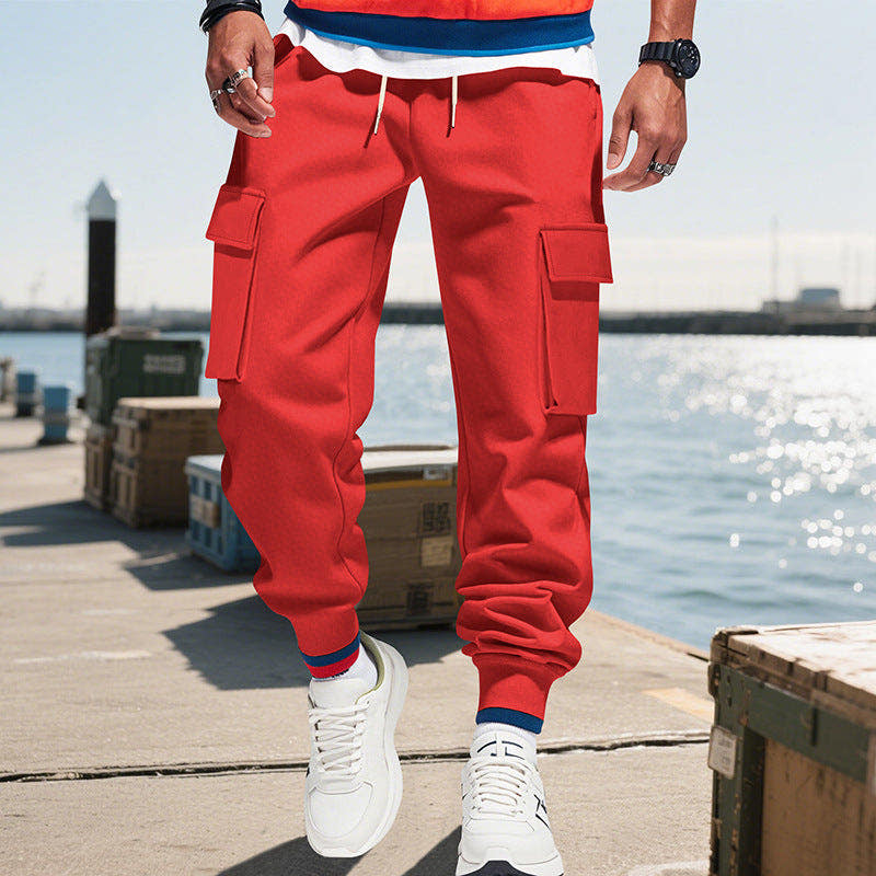 Jogginghose Herren mit langen Cargotaschen und Bindebund - Rot #Farbe_Rot