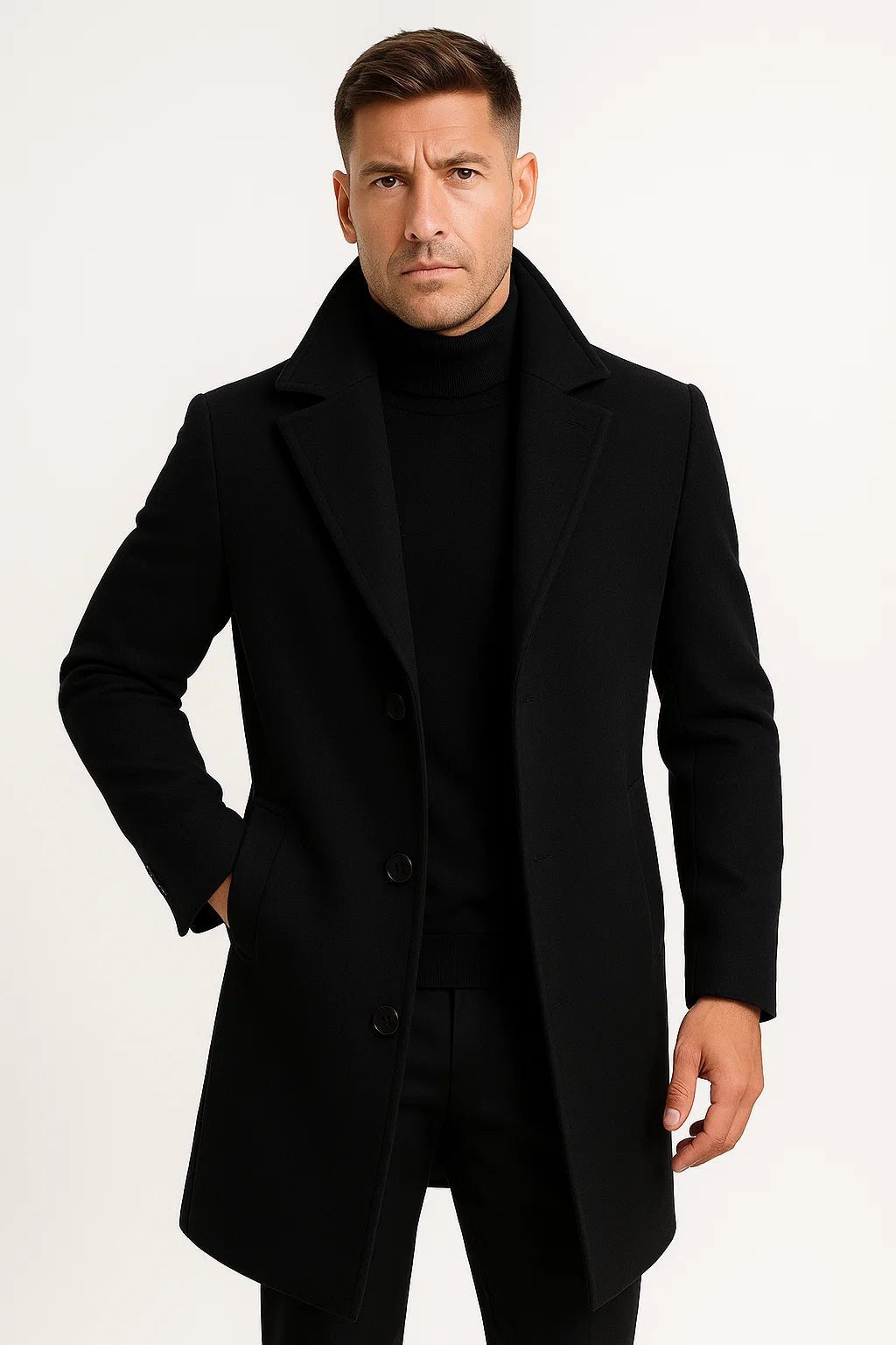 Mantel Herren mit Reverskragen und schrägen Eingrifftaschen - Schwarz #Farbe_Schwarz