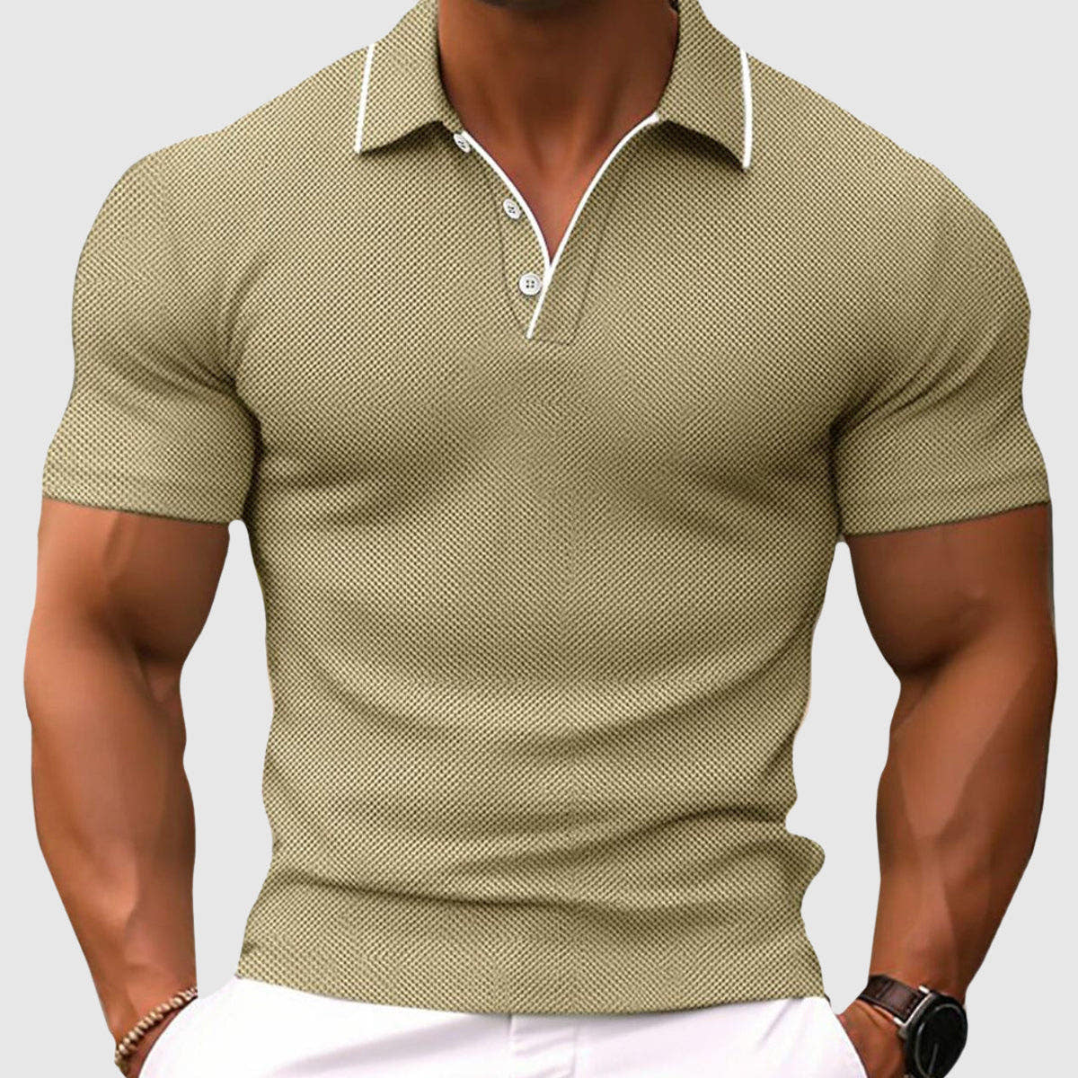 Poloshirt Herren kurzarm mit heller Kragenkante - Beige #Farbe_Beige
