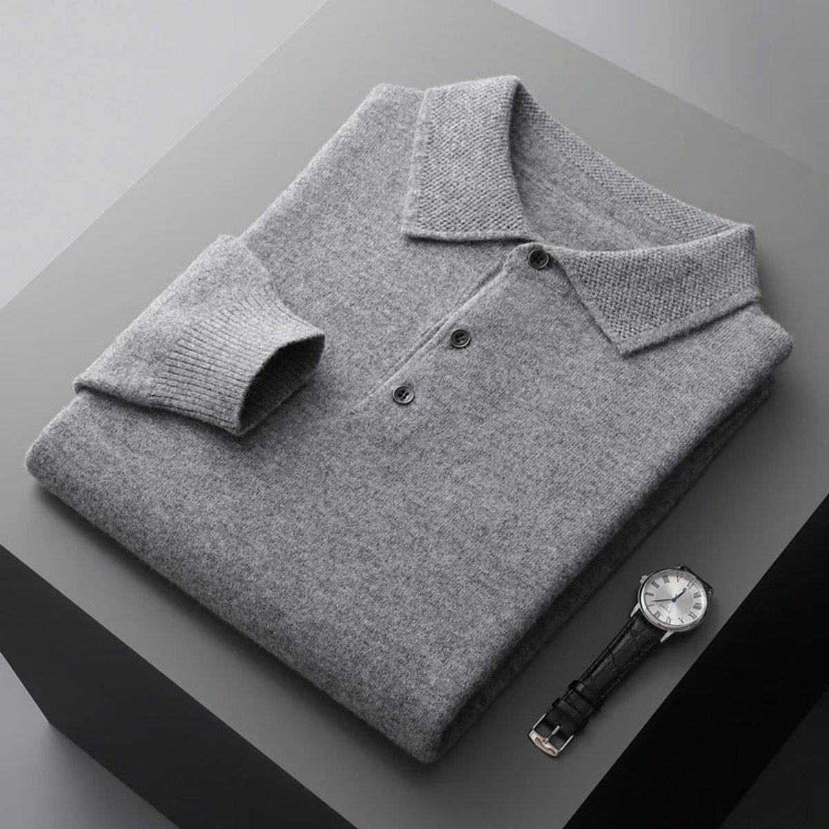 Poloshirt Herren langarm mit drei Knöpfen und Rippbund - Grau #Farbe_Grau