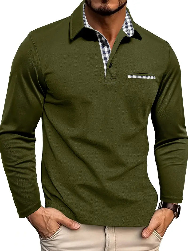 Poloshirt Herren langarm mit karierten Kontrastdetails - Grün #Farbe_Grün