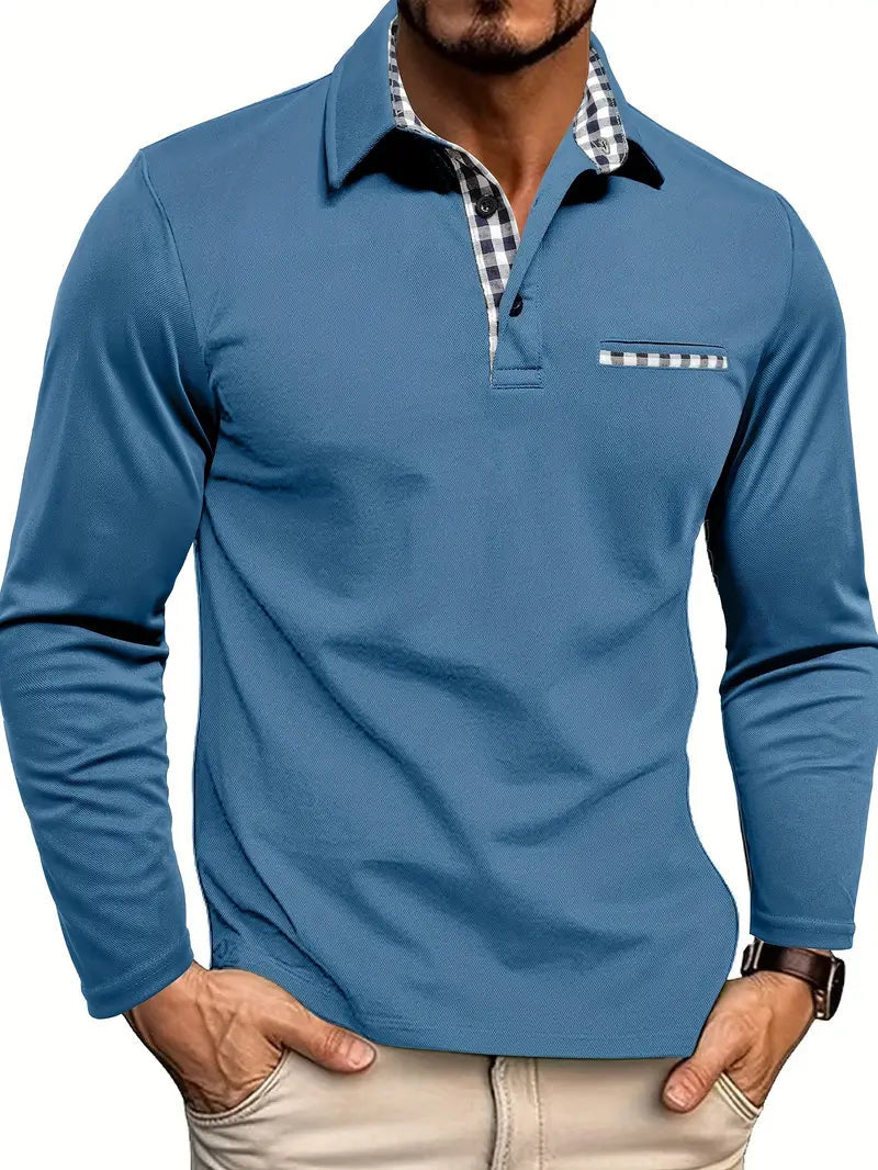 Poloshirt Herren langarm mit karierten Kontrastdetails - Blau #Farbe_Blau