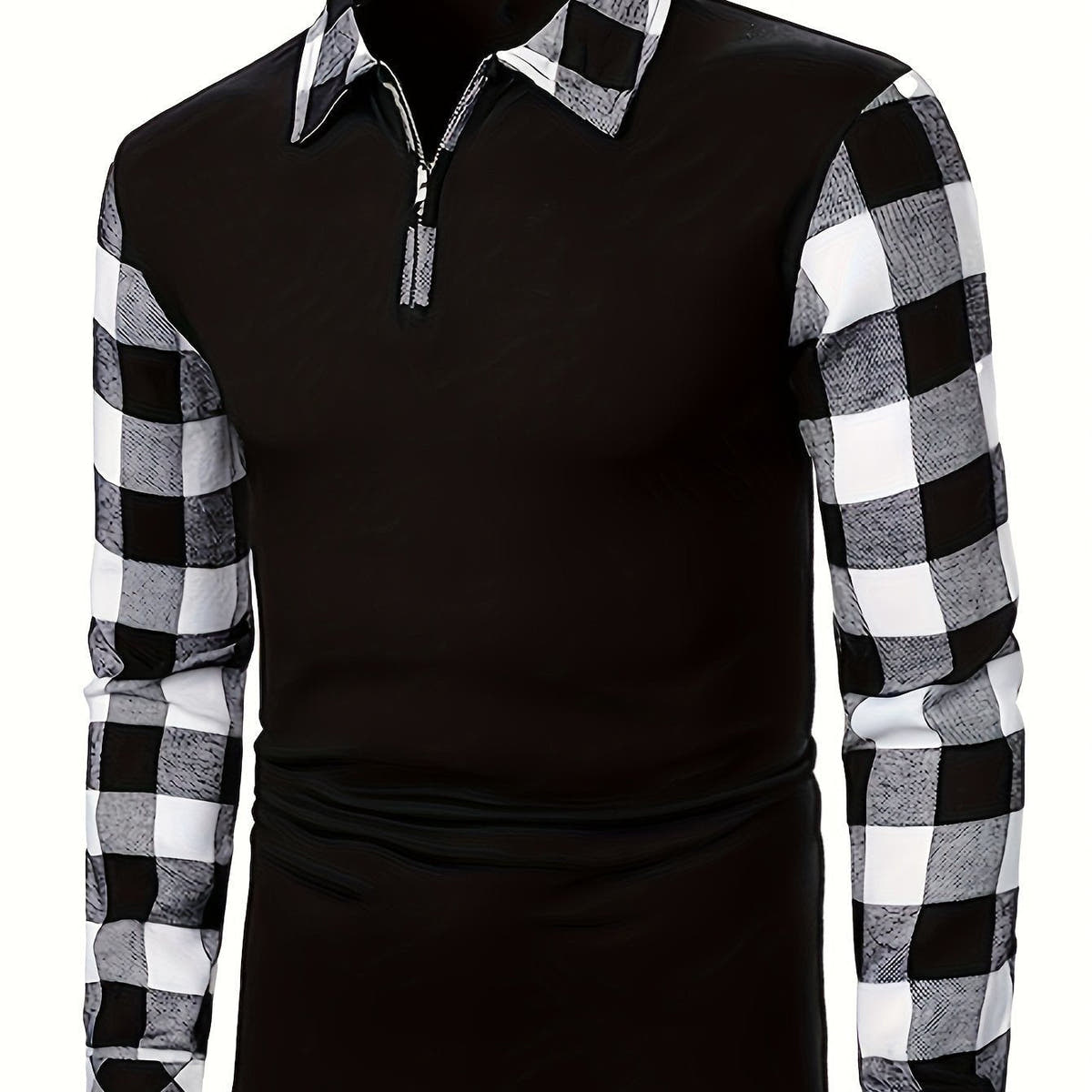 Poloshirt Herren langarm mit Karoärmeln und kurzem Zip - Weiss #Farbe_Weiss