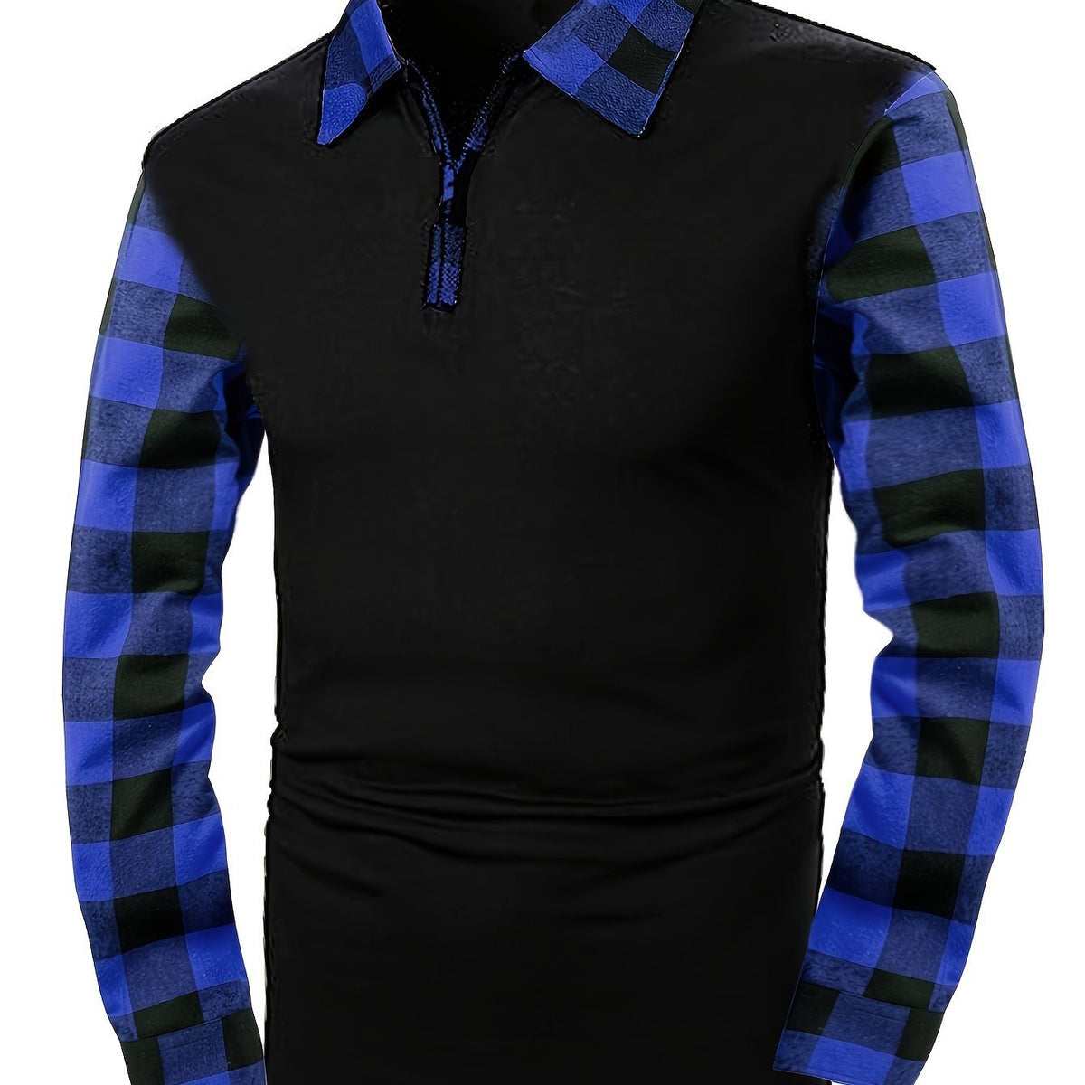 Poloshirt Herren langarm mit Karoärmeln und kurzem Zip - Königsblau #Farbe_Königsblau