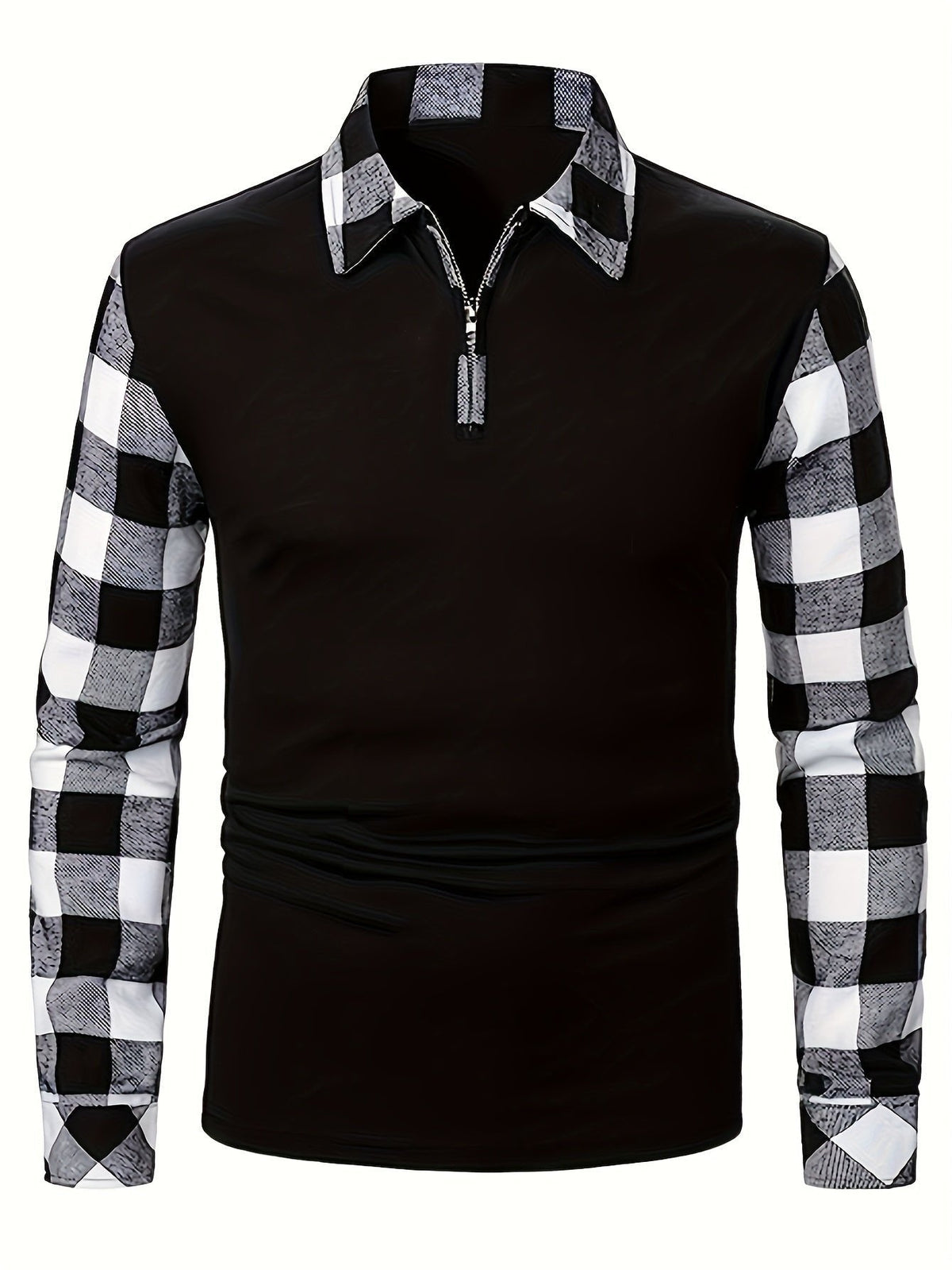 Poloshirt Herren langarm mit Karoärmeln und kurzem Zip - Weiss #Farbe_Weiss