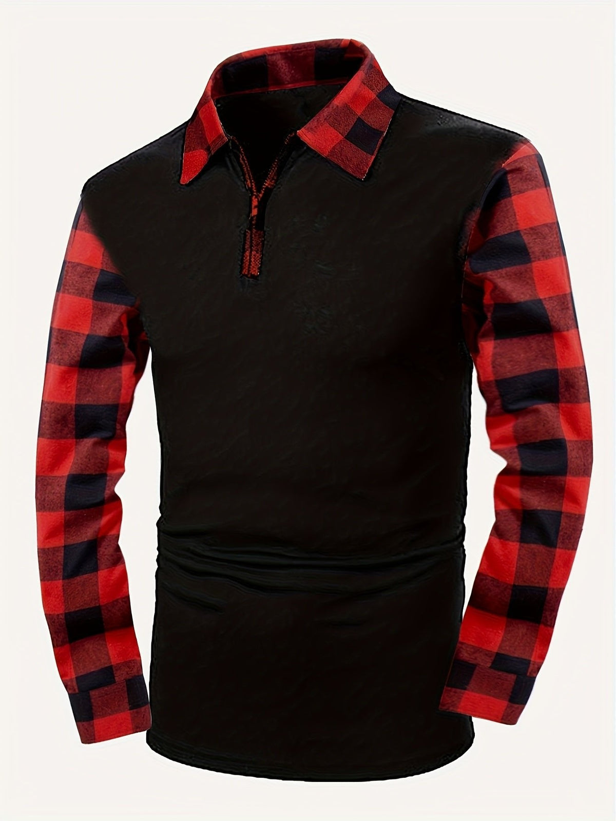 Poloshirt Herren langarm mit Karoärmeln und kurzem Zip - Rot #Farbe_Rot