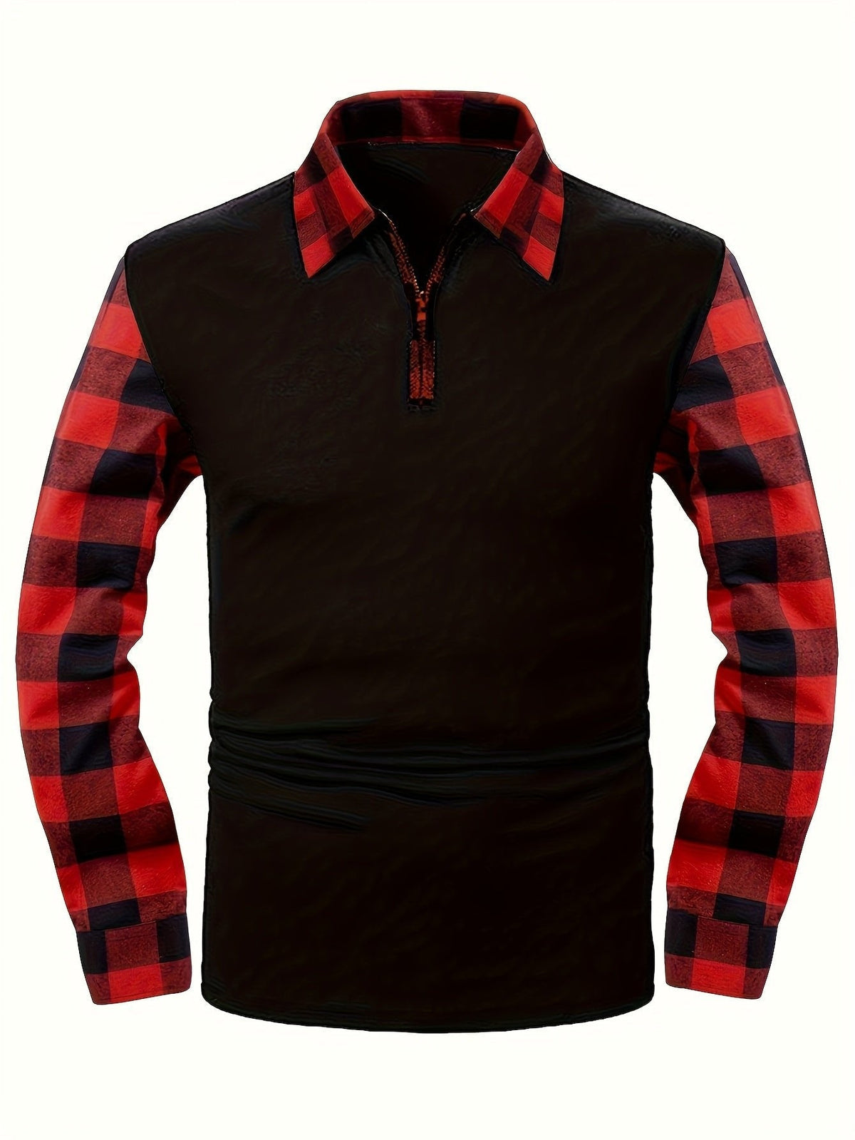 Poloshirt Herren langarm mit Karoärmeln und kurzem Zip - Rot #Farbe_Rot