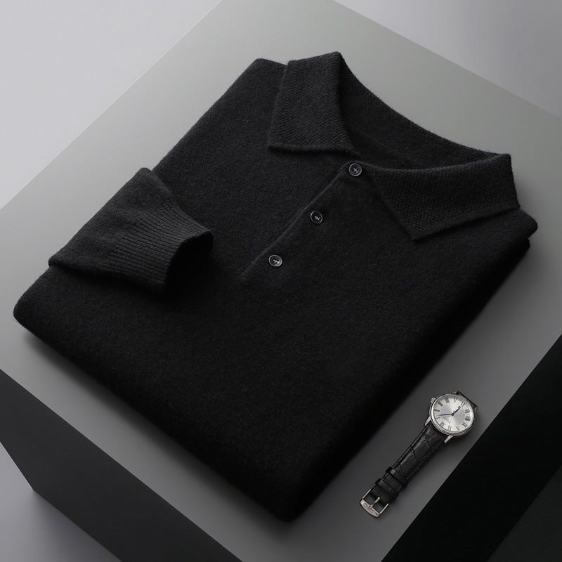Poloshirt Herren Langarm mit Kragen und drei Knöpfen - Schwarz #Farbe_Schwarz
