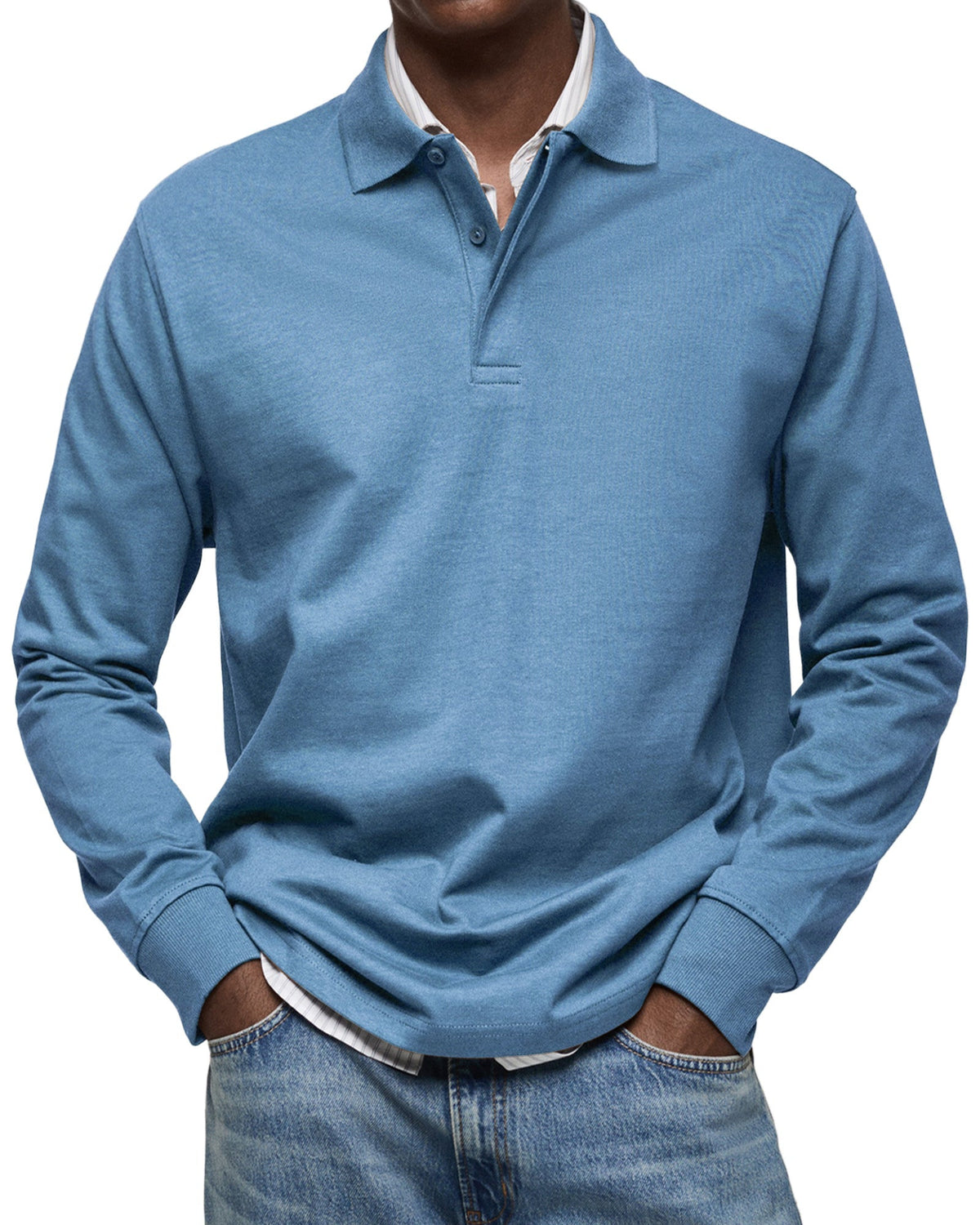 Poloshirt Herren langarm mit kurzer Blende und Ärmelbund - Blau #Farbe_Blau