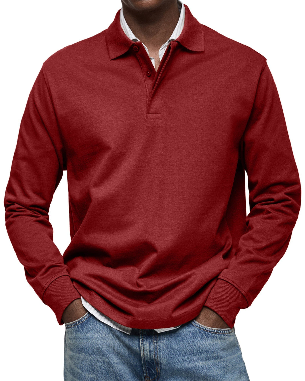 Poloshirt Herren langarm mit kurzer Blende und Ärmelbund - Rot #Farbe_Rot