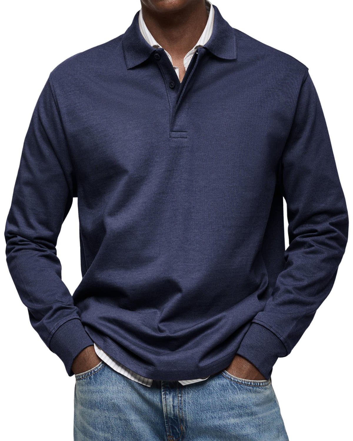Poloshirt Herren langarm mit kurzer Blende und Ärmelbund - Marineblau #Farbe_Marineblau