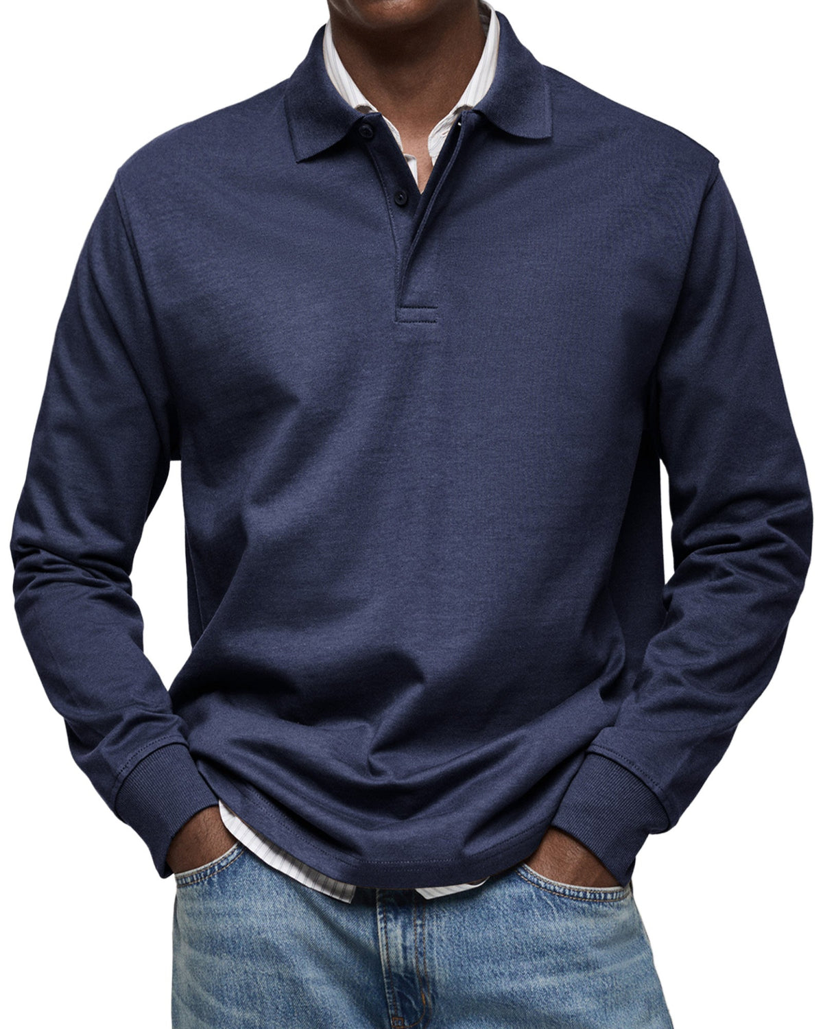 Poloshirt Herren langarm mit kurzer Blende und Ärmelbund - Marineblau #Farbe_Marineblau