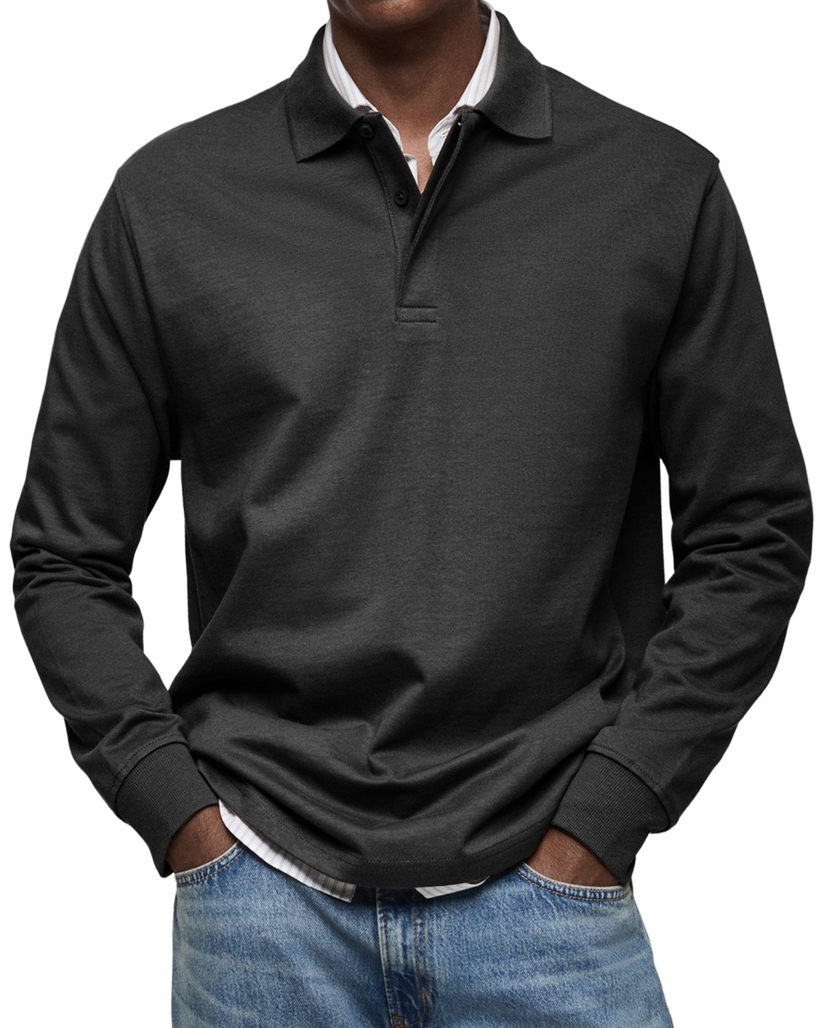 Poloshirt Herren langarm mit kurzer Blende und Ärmelbund - Schwarz #Farbe_Schwarz