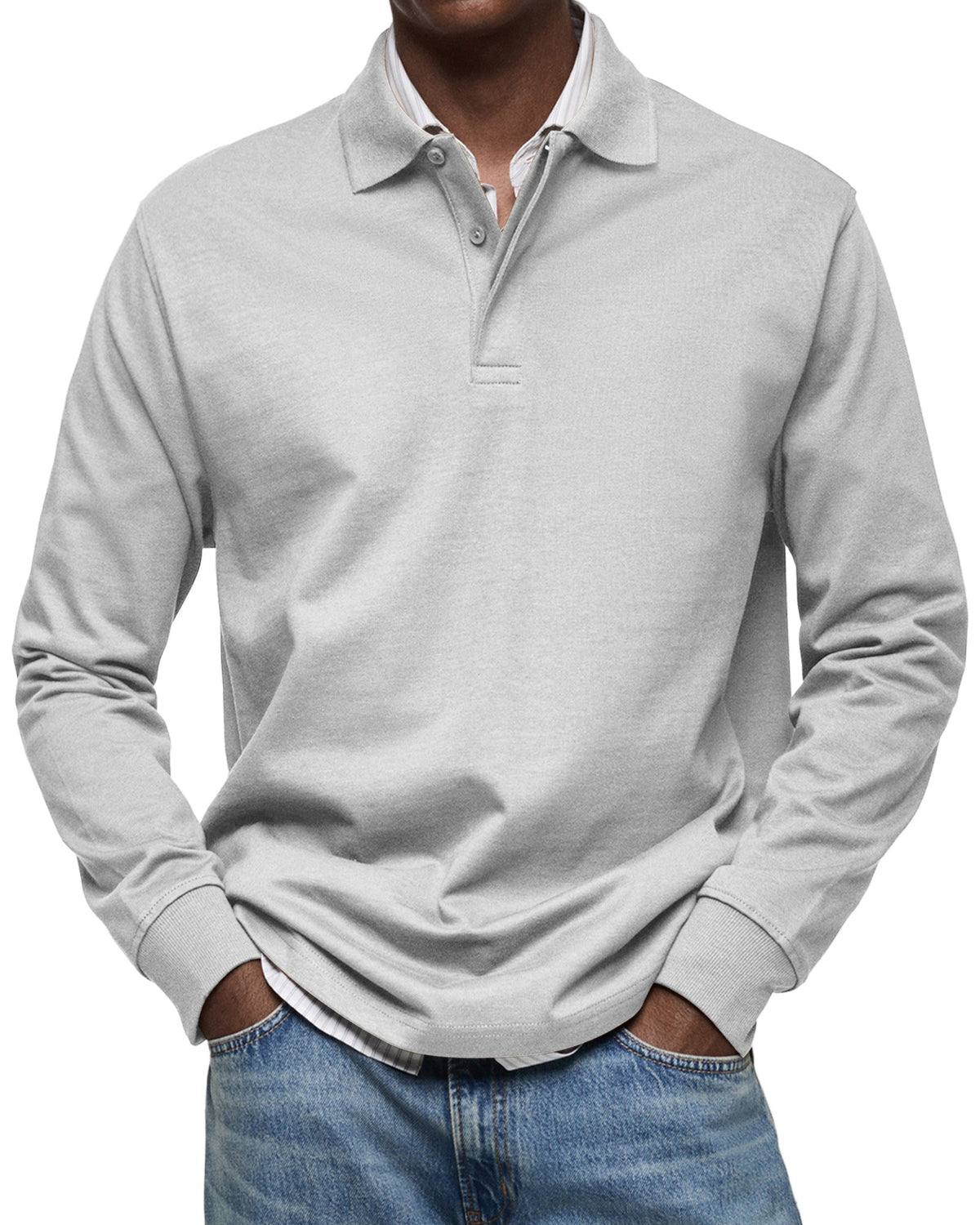 Poloshirt Herren langarm mit kurzer Blende und Ärmelbund - Weiss #Farbe_Weiss