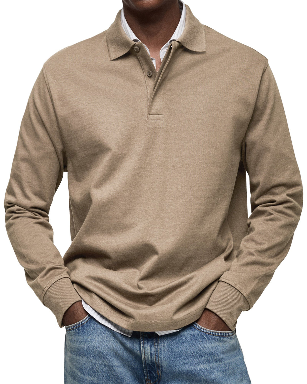 Poloshirt Herren langarm mit kurzer Blende und Ärmelbund - Khaki #Farbe_Khaki