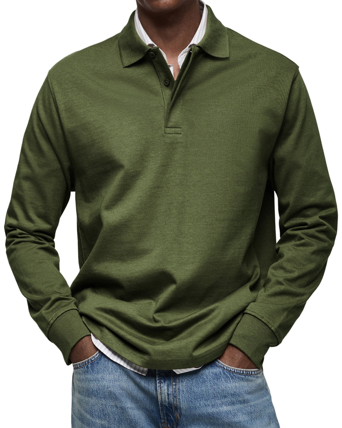 Poloshirt Herren langarm mit kurzer Blende und Ärmelbund - Militärgrün #Farbe_Militärgrün