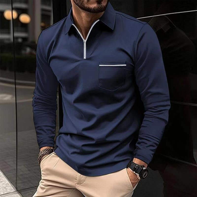 Poloshirt Herren langarm mit Zip und heller Taschenkante - Marineblau #Farbe_Marineblau
