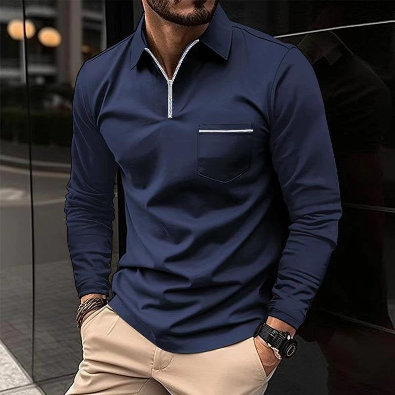 Poloshirt Herren langarm mit Zip und heller Taschenkante - Marineblau #Farbe_Marineblau