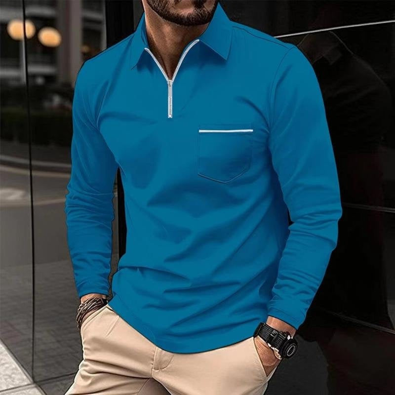 Poloshirt Herren langarm mit Zip und heller Taschenkante - Blau #Farbe_Blau